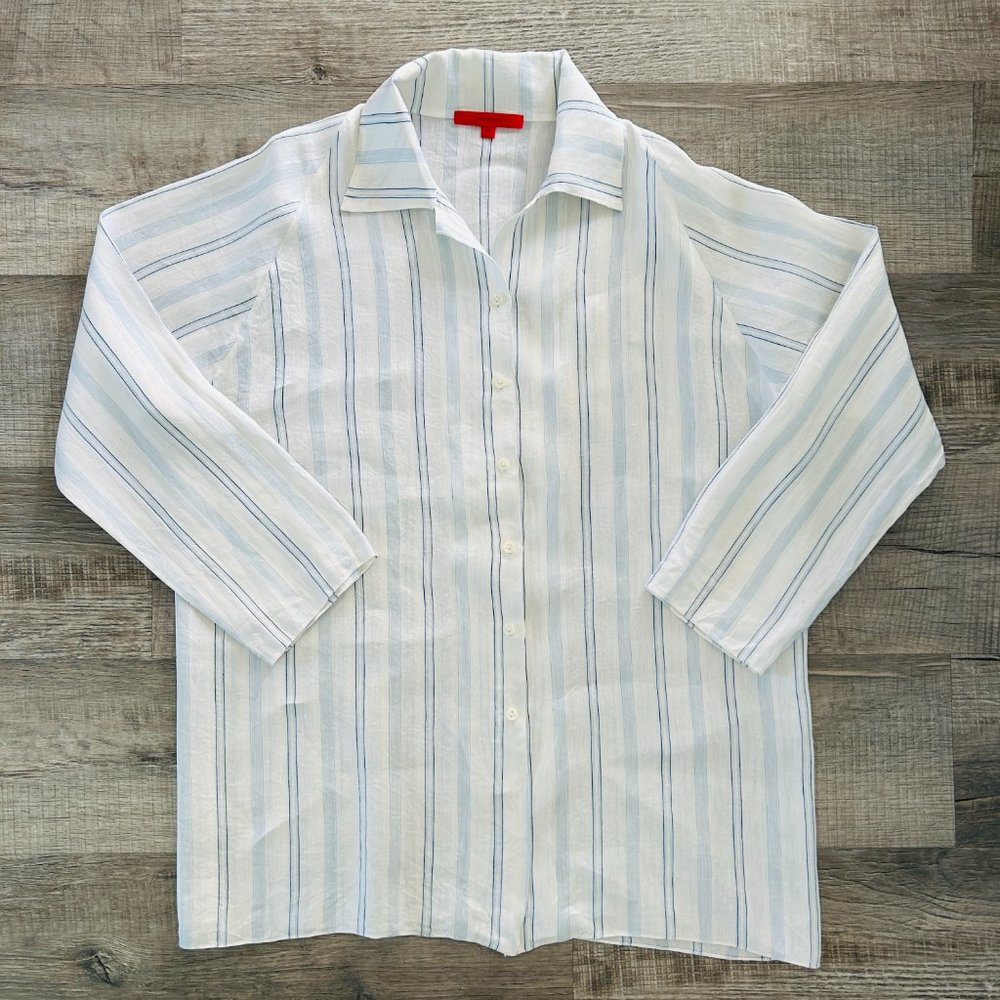SHAMASK Long Tunic Top LINEN BOXY Stripe Collar Neck (size L)